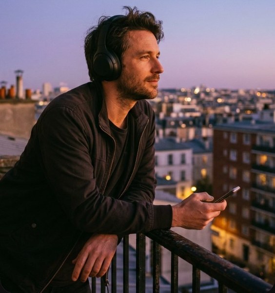 A man listening on headphones on a rooftop at dusk