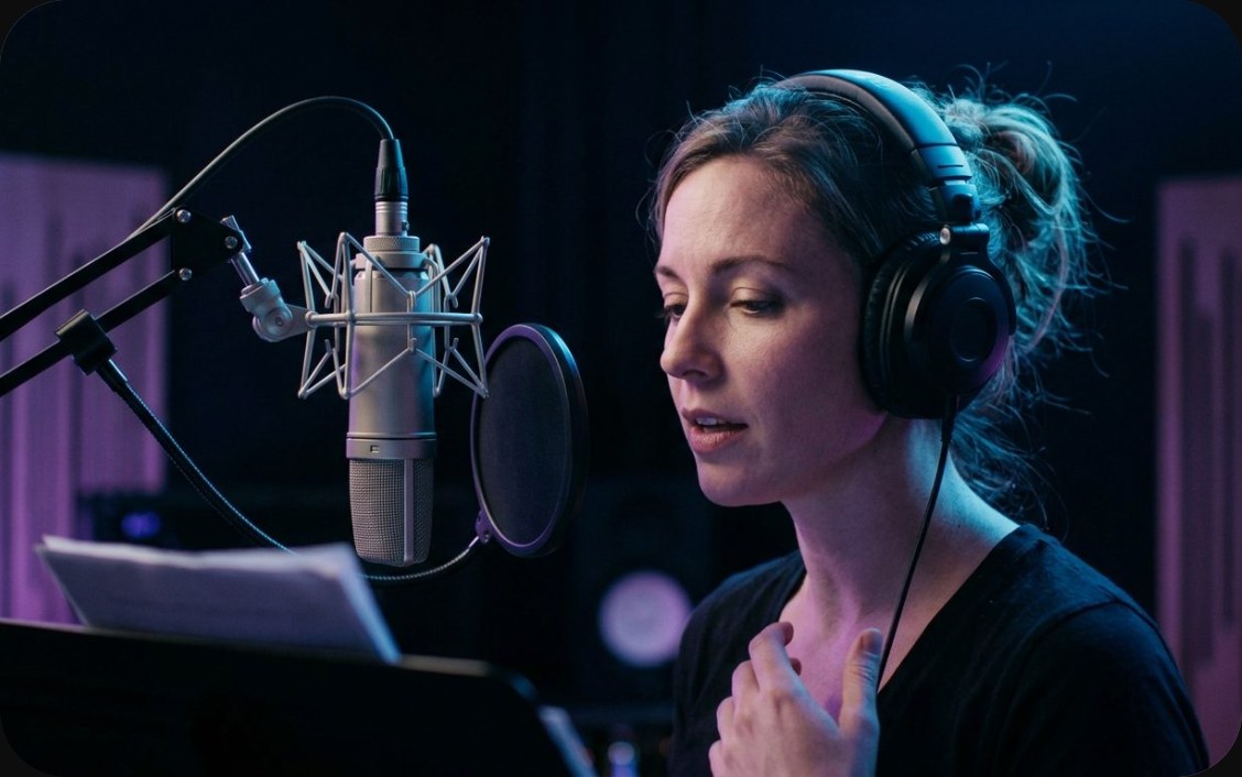 A narrator recording in a sound booth