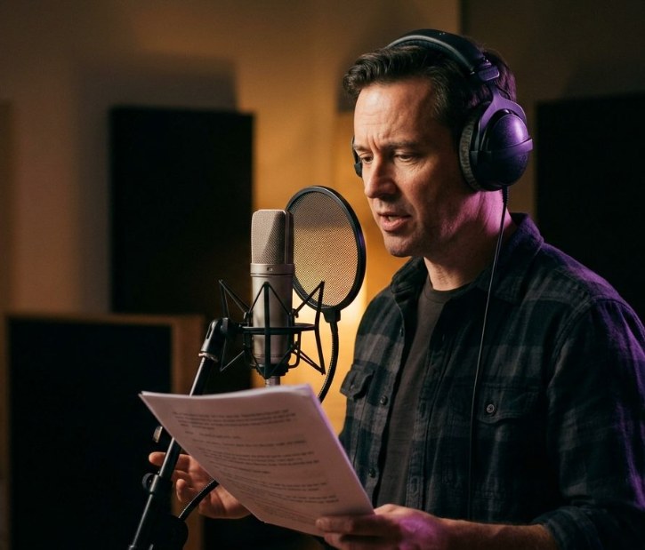 A narrator reading at a studio microphone